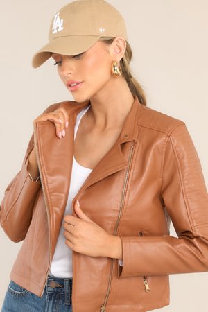Red Dress Defying The Odds Caramel Faux Leather Jacket
