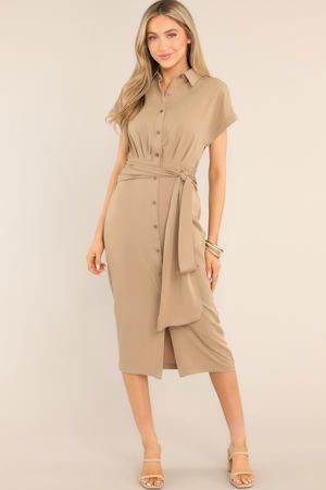 Red Dress Working Together Tan Button Front Midi Dress