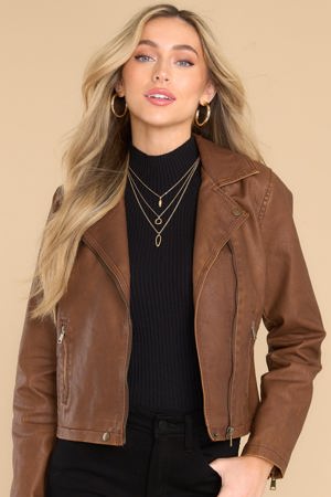 Red Dress Lets Ride Brown Faux Leather Moto Jacket