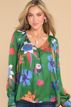 Red Dress Go Act Out Green Floral Print Top