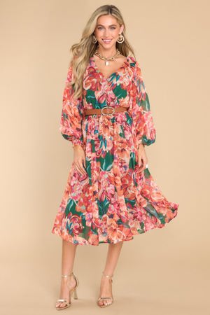 Red Dress After Party Hours Green Floral Print Midi Dress