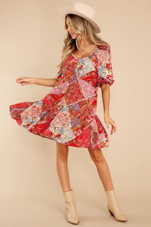 Red Dress Care To Dance Red Patchwork Print Dress