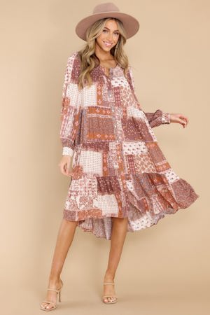 Red Dress Love Will Decide Brown Patchwork Print Midi Dress