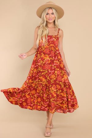 Red Dress Heart At Ease Burgundy Floral Print Midi Dress