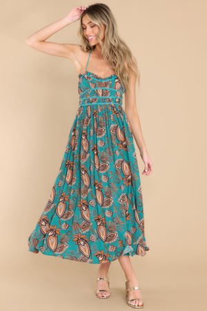 Red Dress Timeless Moments Turquoise Blue Floral Print Midi Dress