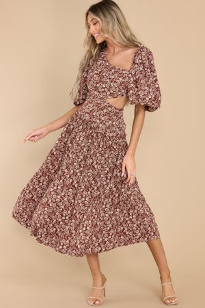 Red Dress Know BY Heart Brown Floral Print Midi Dress