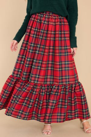 Aura Take Your Time Red Multi Plaid Skirt