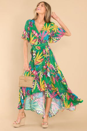 Red Dress Jungle Adventures Green Print Midi Dress