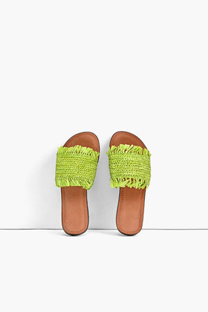 America & Beyond Neon Green Raffia Slide Sandals