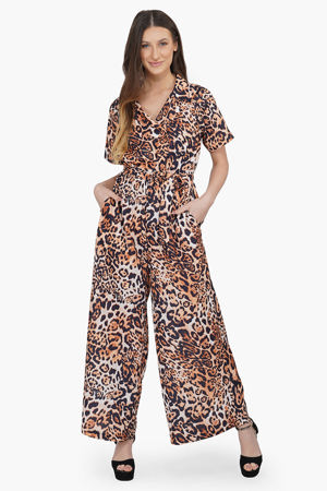 America & Beyond Brown Leopard Wide Legged Collared Jumpsuit
