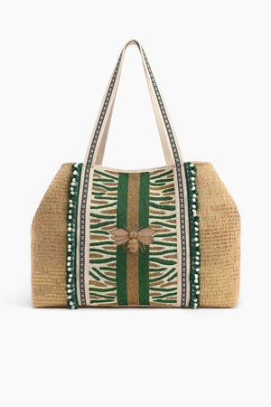 America & Beyond Bee Green Embellished Tote-Green Bee Hand Beaded Tote For