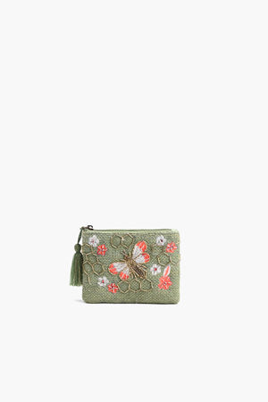 America & Beyond Olive Green Beaded Bee Embellished Mini Pouches