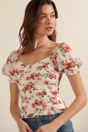 Promesa Blushing Roses Ruched Floral Puff-Sleeve Top