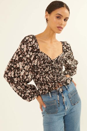 Promesa Moonlight Roses Floral Drawstring Peasant Top