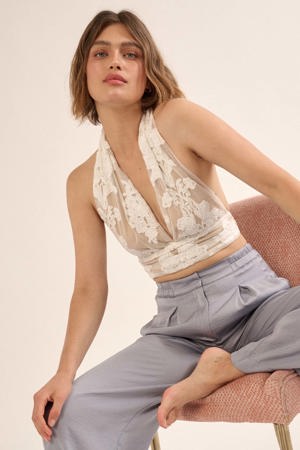 Promesa Sweet Sonata Embroidered Lace Cropped Halter Top