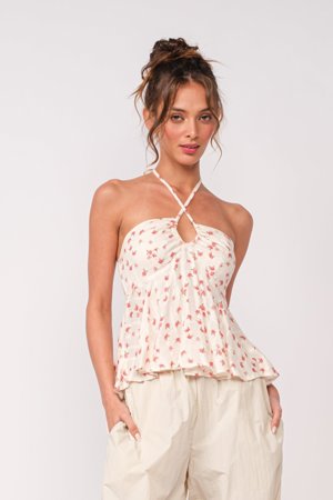 Sky To Moon Tag Along Coral Floral Halter Top