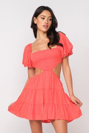 Sky To Moon Good To Know Tomato Red Cutout Puff Sleeve Dress