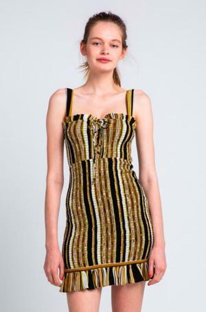 Skylar + Madison Ciao Bella Black And Gold Striped Smocked Mini Dress