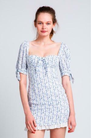 Skylar + Madison Tory White And Blue Floral Print Puff Sleeve Mini Dress