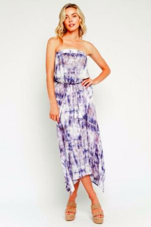 Olivaceous Izzy Purple Tie-Dye Strapless Midi Dress