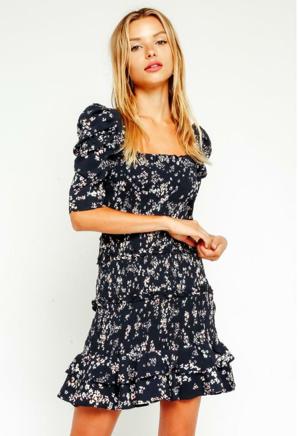 Olivaceous Naomi Navy Floral Smocked Puff Sleeve Mini Dress
