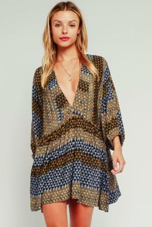 Olivaceous Rachel Indigo And Gold Plunge Swing Dress