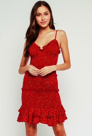 Olivaceous Rhea Rust Red Dot Smocked Ruffle Mini Dress