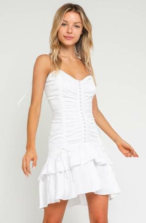 Olivaceous You Can Dance White Satin Ruched Ruffle Mini Dress