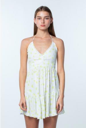 Skylar + Madison Boca Grande Lime And White Floral Halter Mini Dress