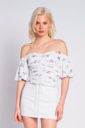 Skylar + Madison Summer Garden Purple And White Floral Print Off-The-Shoulder Top