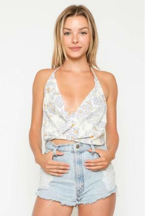 Olivaceous Billie Blue And White Paisley Print Halter Top