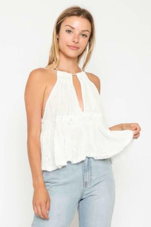Olivaceous Summer Bliss White Eyelet Ruffle Halter Top