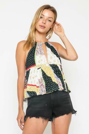 Olivaceous Summer Bliss Navy Patchwork Print Ruffle Halter Top