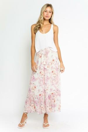 Olivaceous Daphne Ivory Floral Print Ruffle Midi Skirt