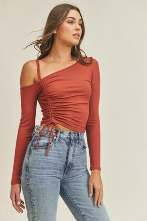 Lush Angie Mahogany One-Shoulder Ruched Crop Top