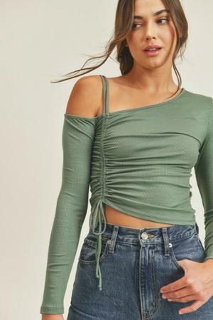 Lush Angie Olive One-Shoulder Ruched Crop Top