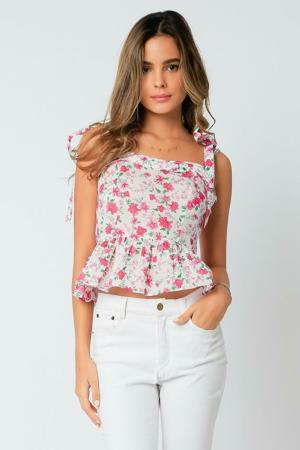Olivaceous Happy Day White And Fuchsia Floral Garden Ruffle Top