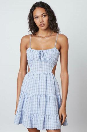 Cotton Candy LA Juliet Indigo Stripe Print Backless Ruffled Mini Dress