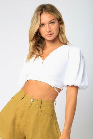 Olivaceous Wild Summer White Wrap Puff Sleeve Crop Top