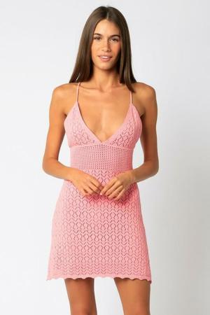 Olivaceous Sea You Soon Pink Crochet Mini Dress