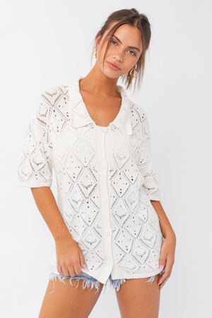 Lelis Mara White Crochet Button-Up Top