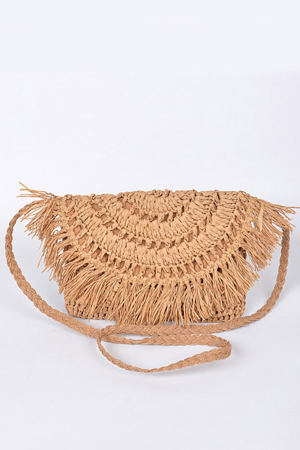 Boho Pink Island Summer Natural Straw Fringe Crochet Crossbody Bag