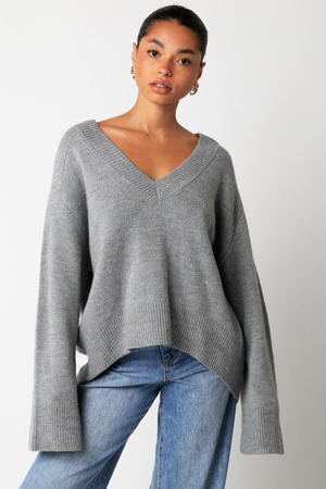 Olivaceous Leila Grey V-Neck Oversized Sweater