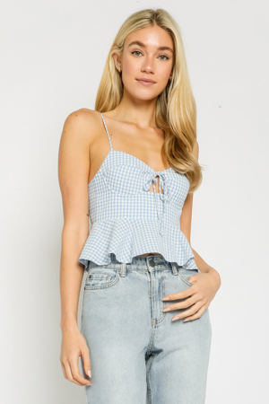 Olivaceous Posh Light Blue Gingham Bustier Ruffle Cami Top