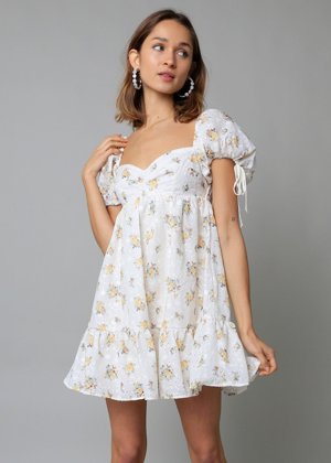 Olivaceous Jessie White And Yellow Floral Babydoll Mini Dress