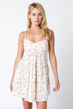 Olivaceous Promenade Cream And Pink Floral Tiered Mini Dress