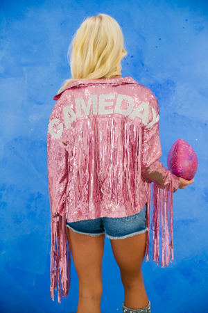 Judith March Gameday Pink Sequin Fringe Jacket