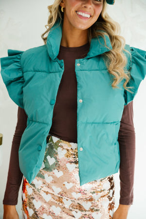Judith March Turquoise Ruffle Puffer Vest
