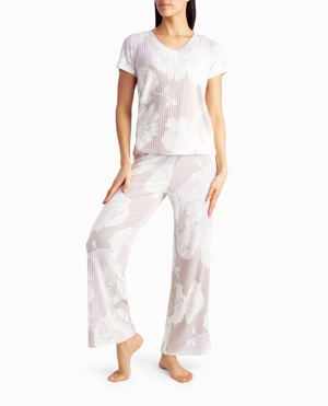 Nicole Miller Ribbed Cropped V-Neck And Open Pant Two-Piece Sleepwear Set