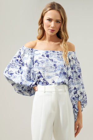 Sugarlips Francine Toile SKY Off The Shoulder Balloon Sleeve Top